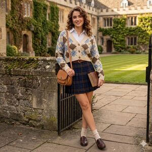 Aster Argyle Cropped Cardigan Blue Brown Preppy Soft Knit M